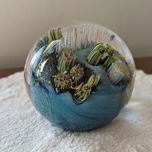 Josh Simpson Inhabited Planet Glass Orb Paperweight Signed 3"